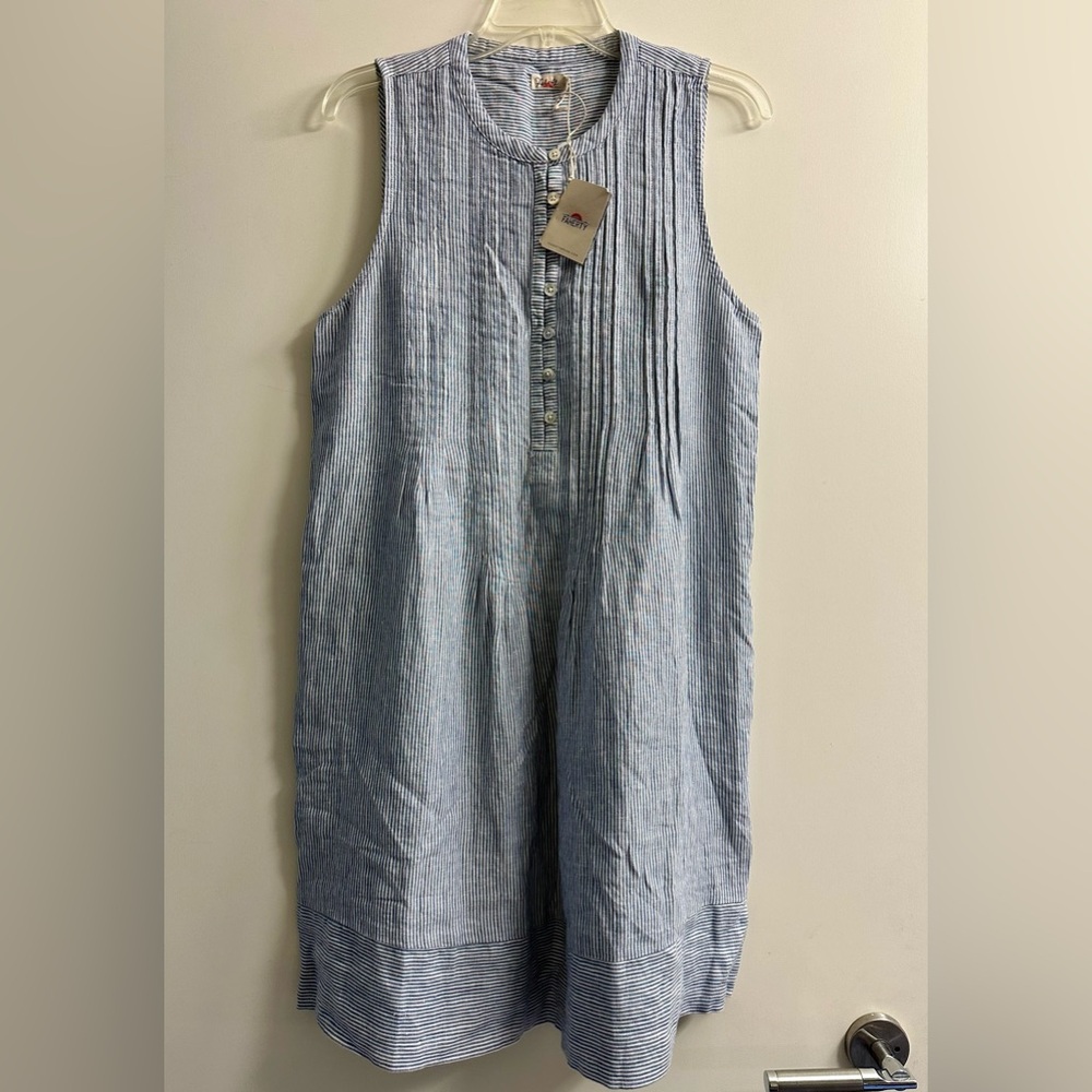 Faherty Isha Linen Dress Blue and White Stripe - Size Medium